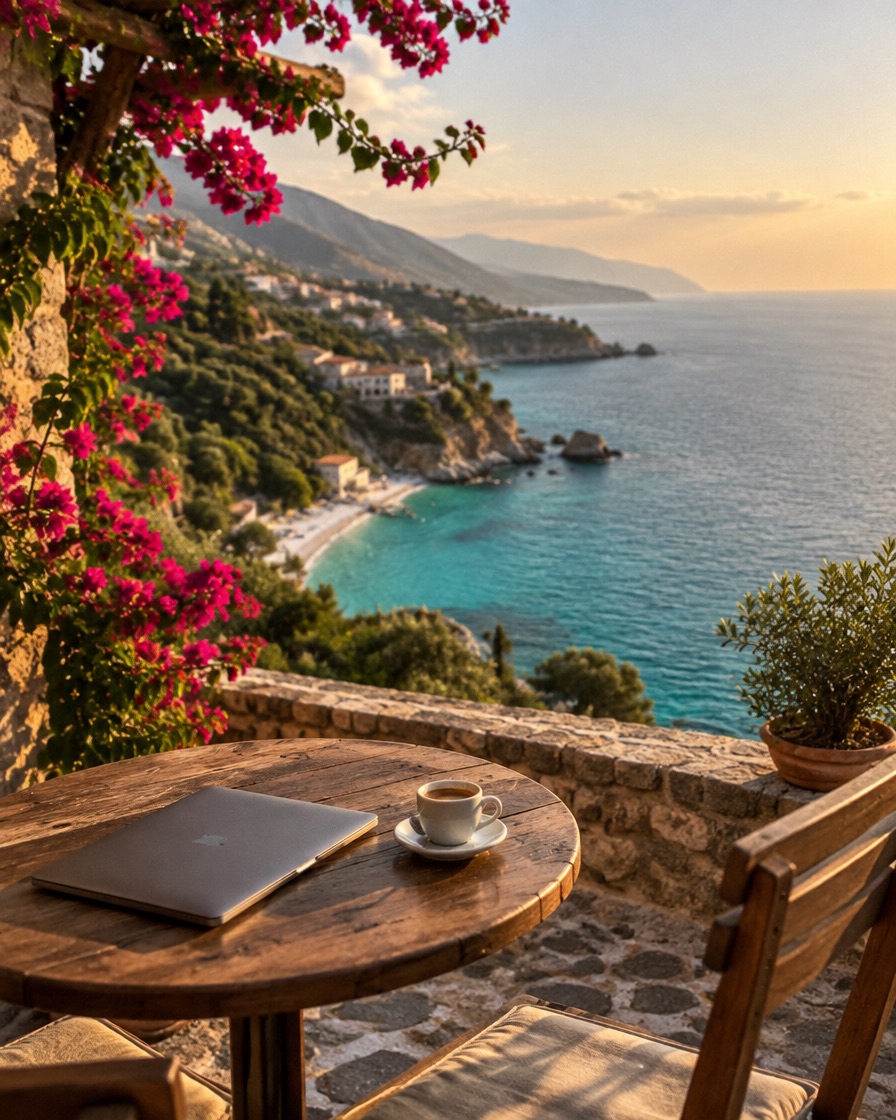 Un tavolino con un portatile e un caffè su una terrazza affacciata sul mare della Riviera albanese