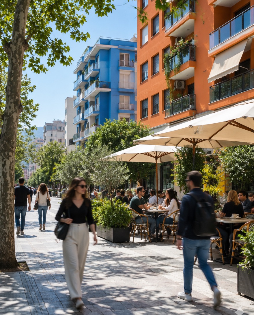 Una strada di Tirana con le facciate colorate e i tavolini di un caffè
